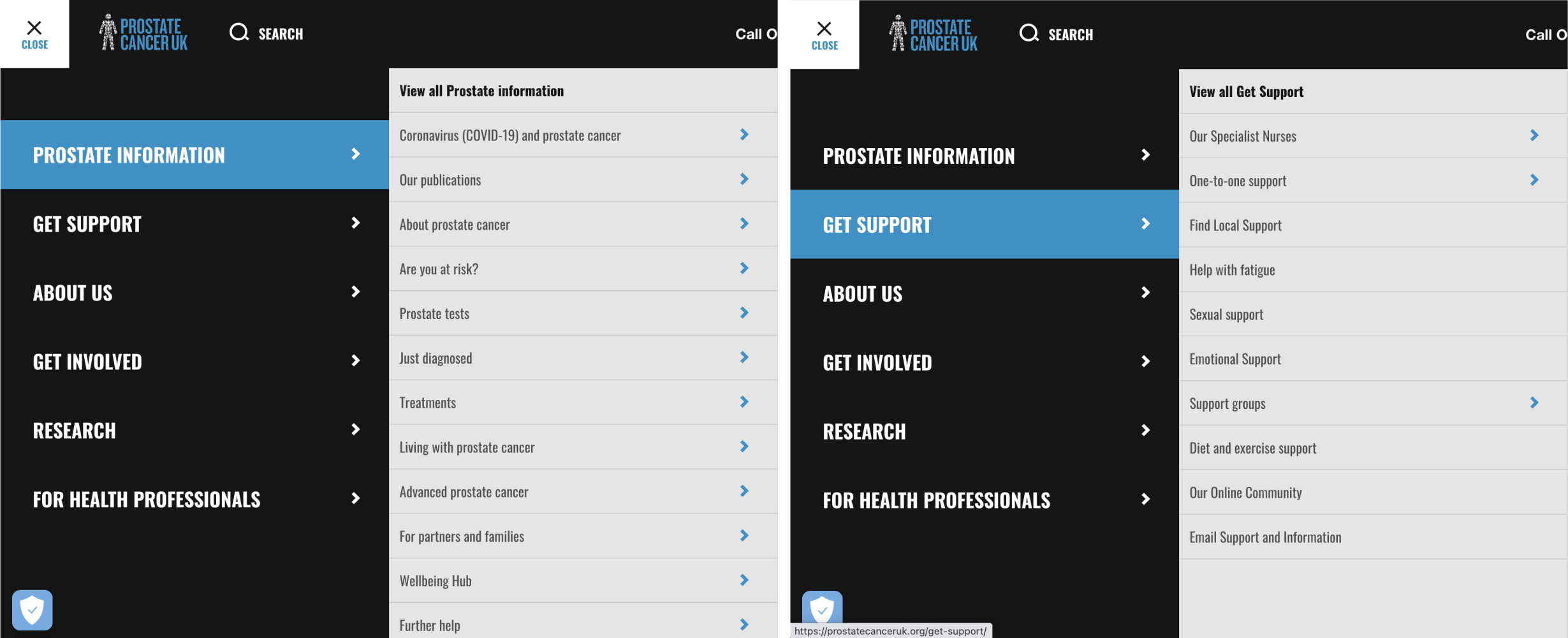 Example current navigation of the Prostate Cancer UK website